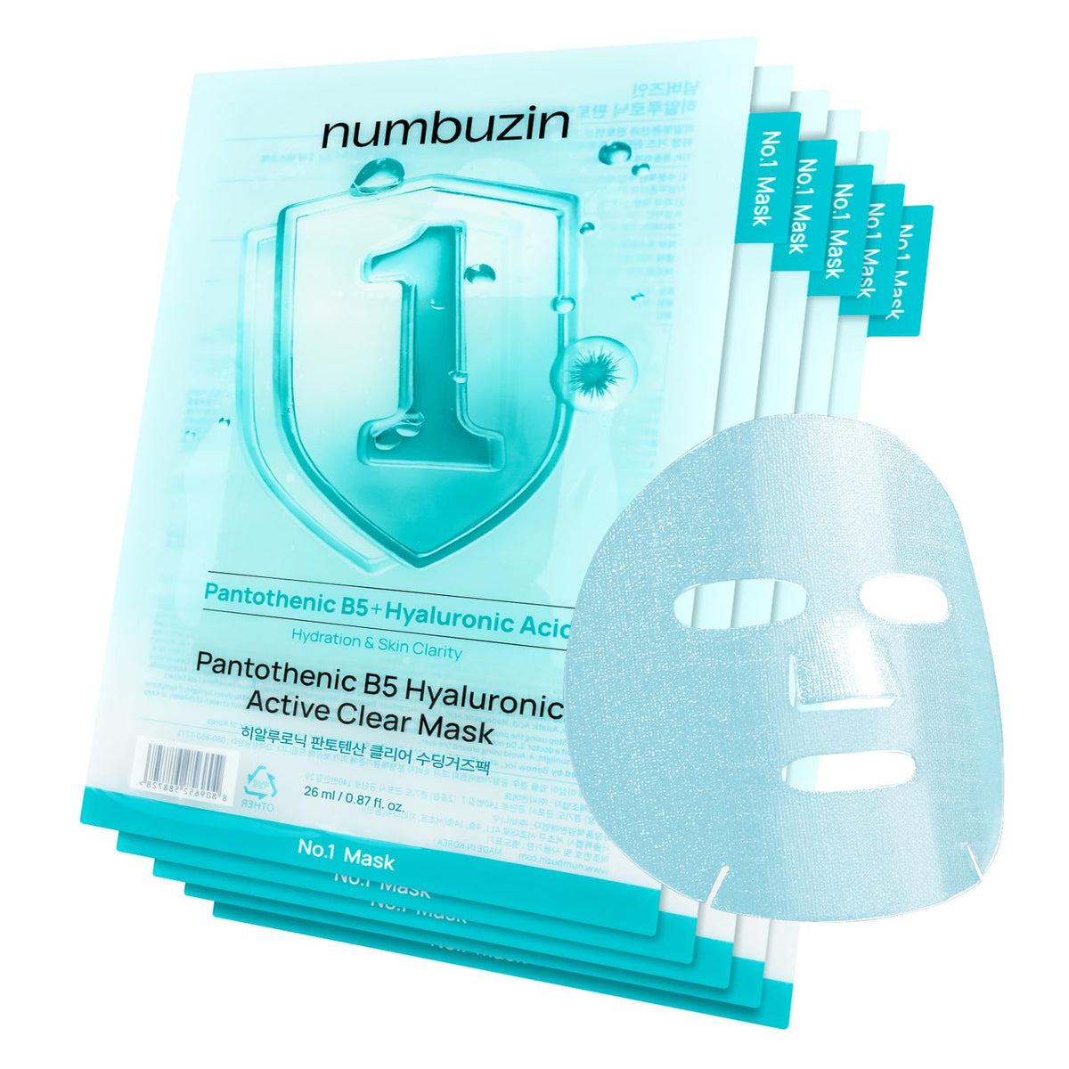 Numbuzin – Maschere No.1 Pantothenic B5 Hyaluronic Active Clear, 5 × 26 ml