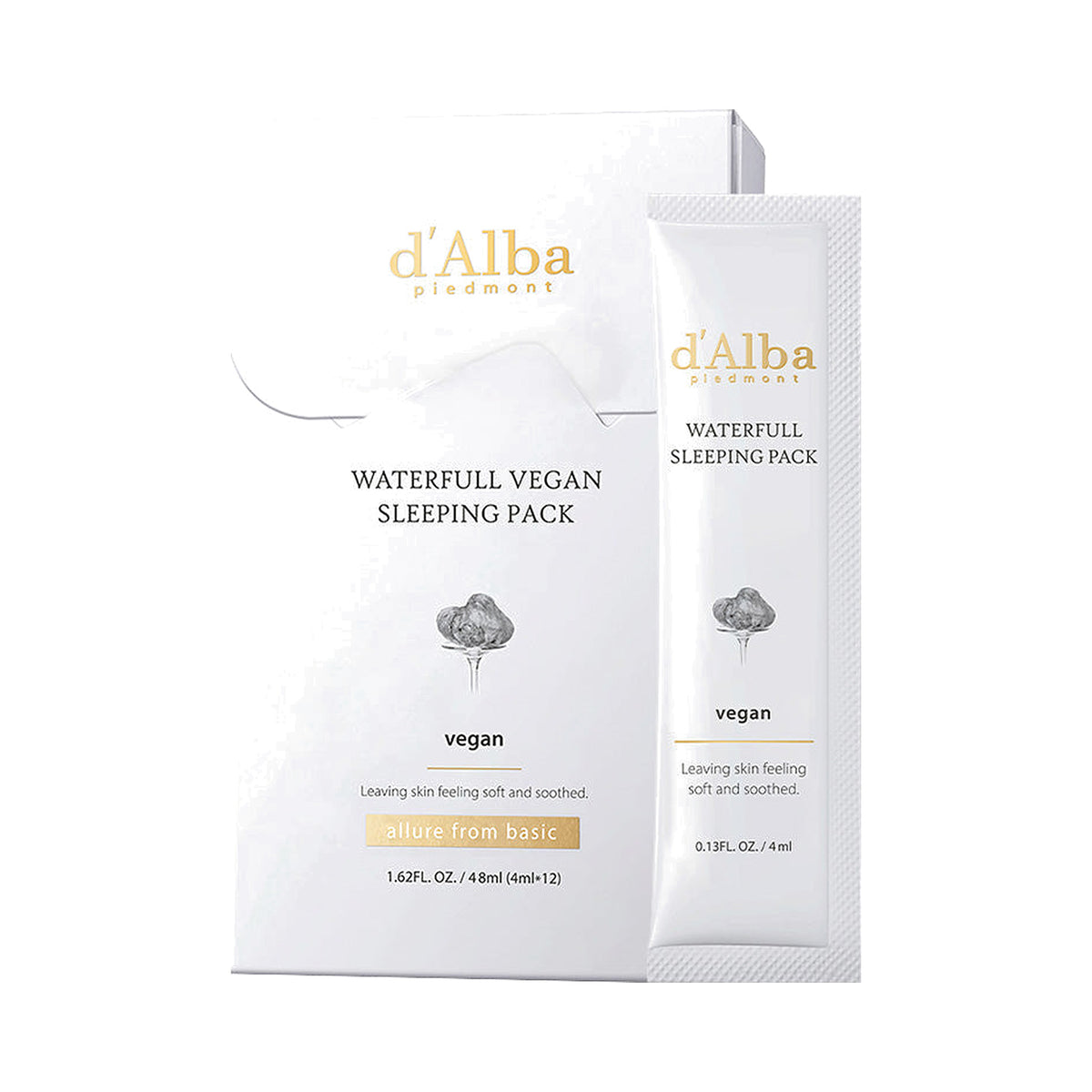 d'Alba Waterfull Vegan Sleeping Pack naktinių kaukių rinkinys, 4 ml × 12 vnt.