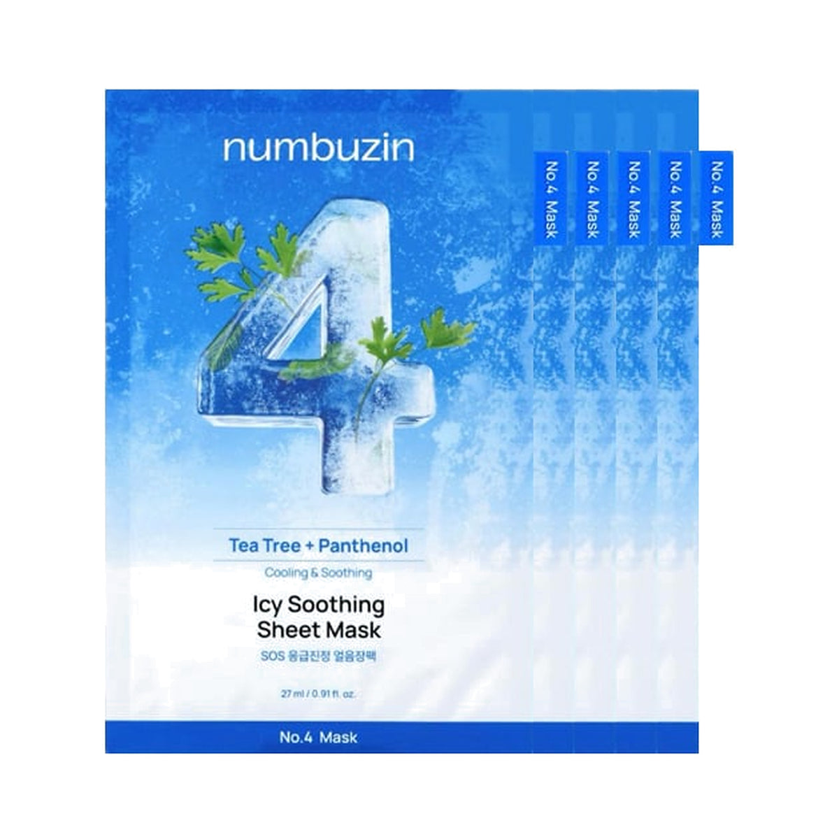 Numbuzin No.4 Icy Soothing Sheet Mask raminamųjų lakštinių kaukių rinkinys, 27 g × 5 vnt.